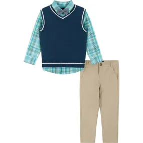 Andy & Evan Plaid Poplin and Sweater Vest Set, Green and Navy