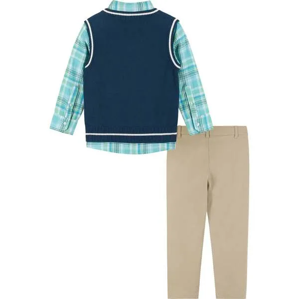 Andy & Evan Plaid Poplin and Sweater Vest Set, Green and Navy