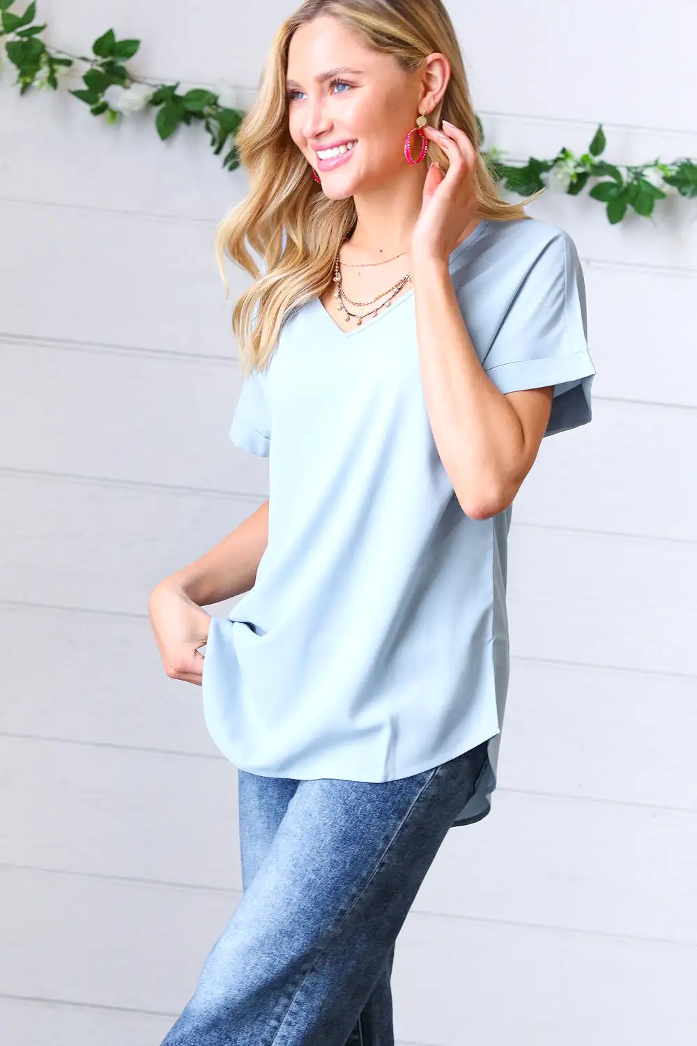 Ash Blue Wool Dobby Rolled Sleeve V Neck Top