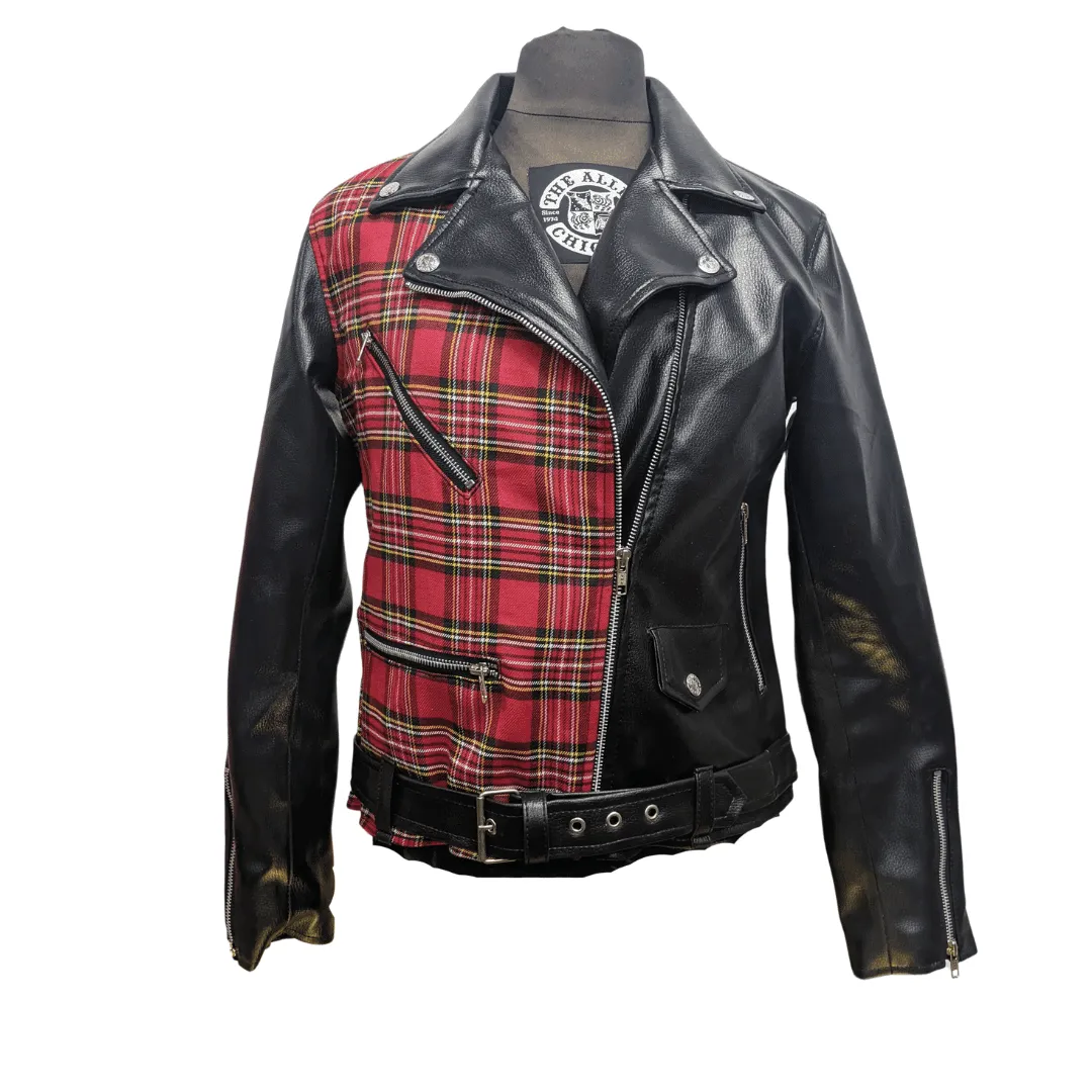 Autumn Womens Plaid and Vegan Leather Moto Jacket