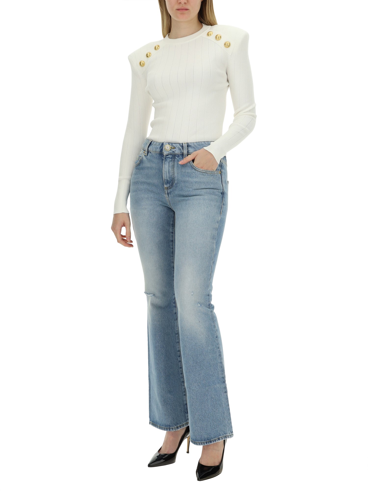 BALMAIN    FLARE FIT COTTON DENIM JEANS