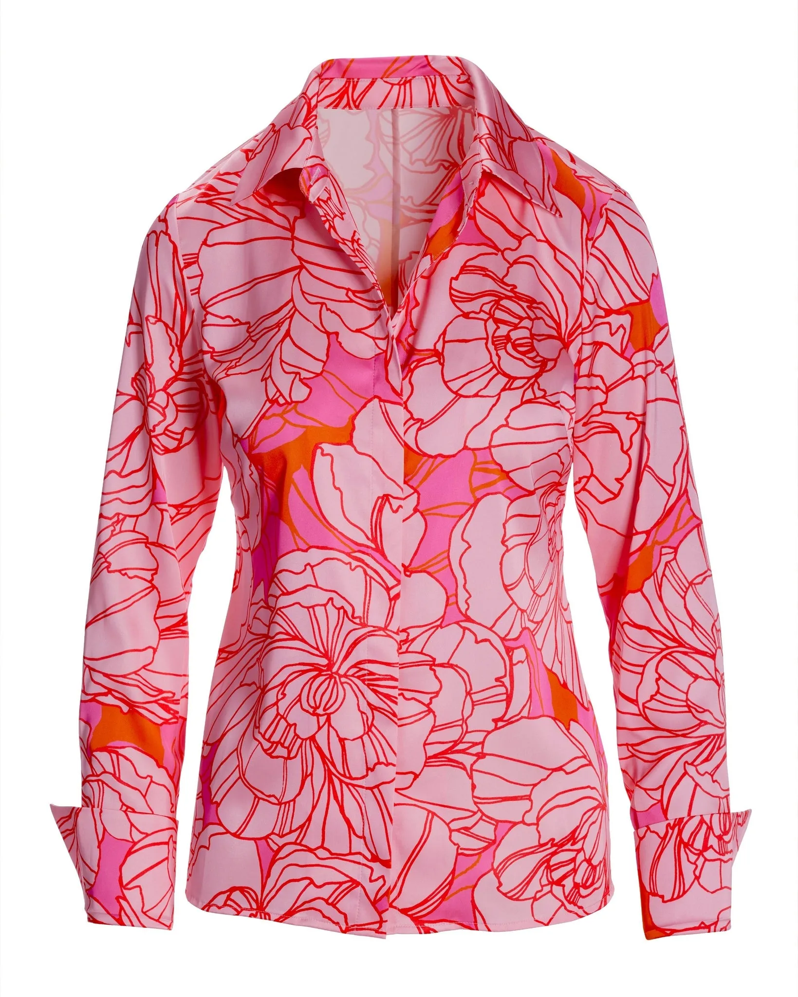 Blooming Outlines Print Sophia Button Up Charmeuse Blouse Pink