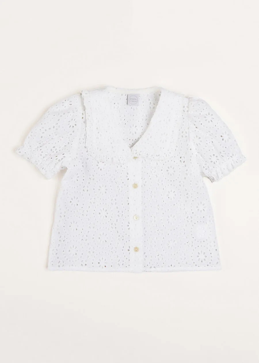 Broderie Anglaise Statement Collar Short Sleeve Blouse in White (4-10yrs)