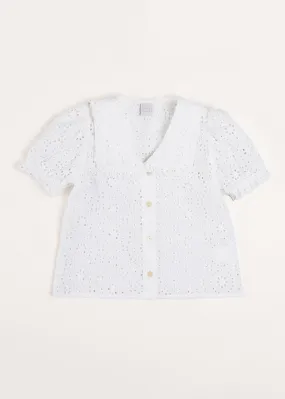 Broderie Anglaise Statement Collar Short Sleeve Blouse in White (4-10yrs)