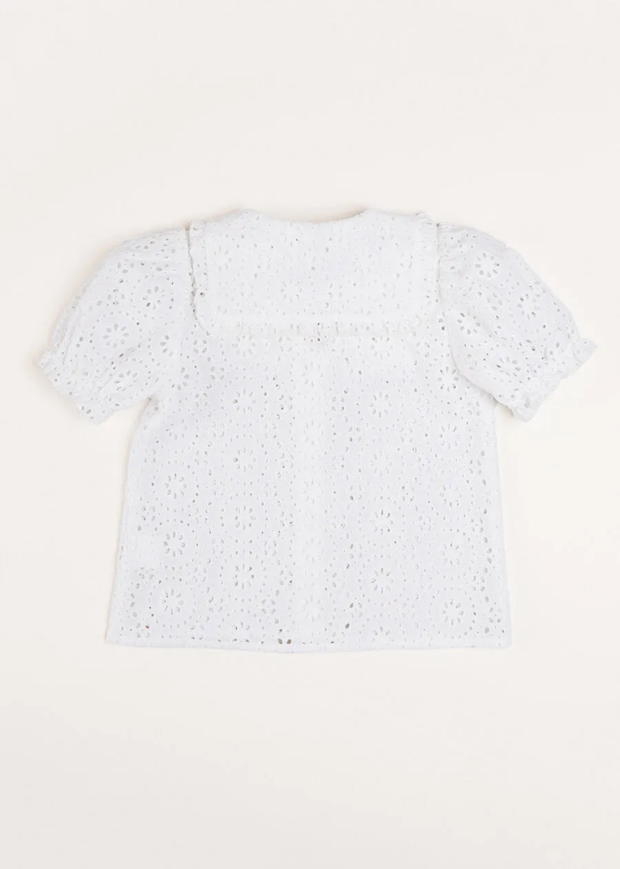 Broderie Anglaise Statement Collar Short Sleeve Blouse in White (4-10yrs)