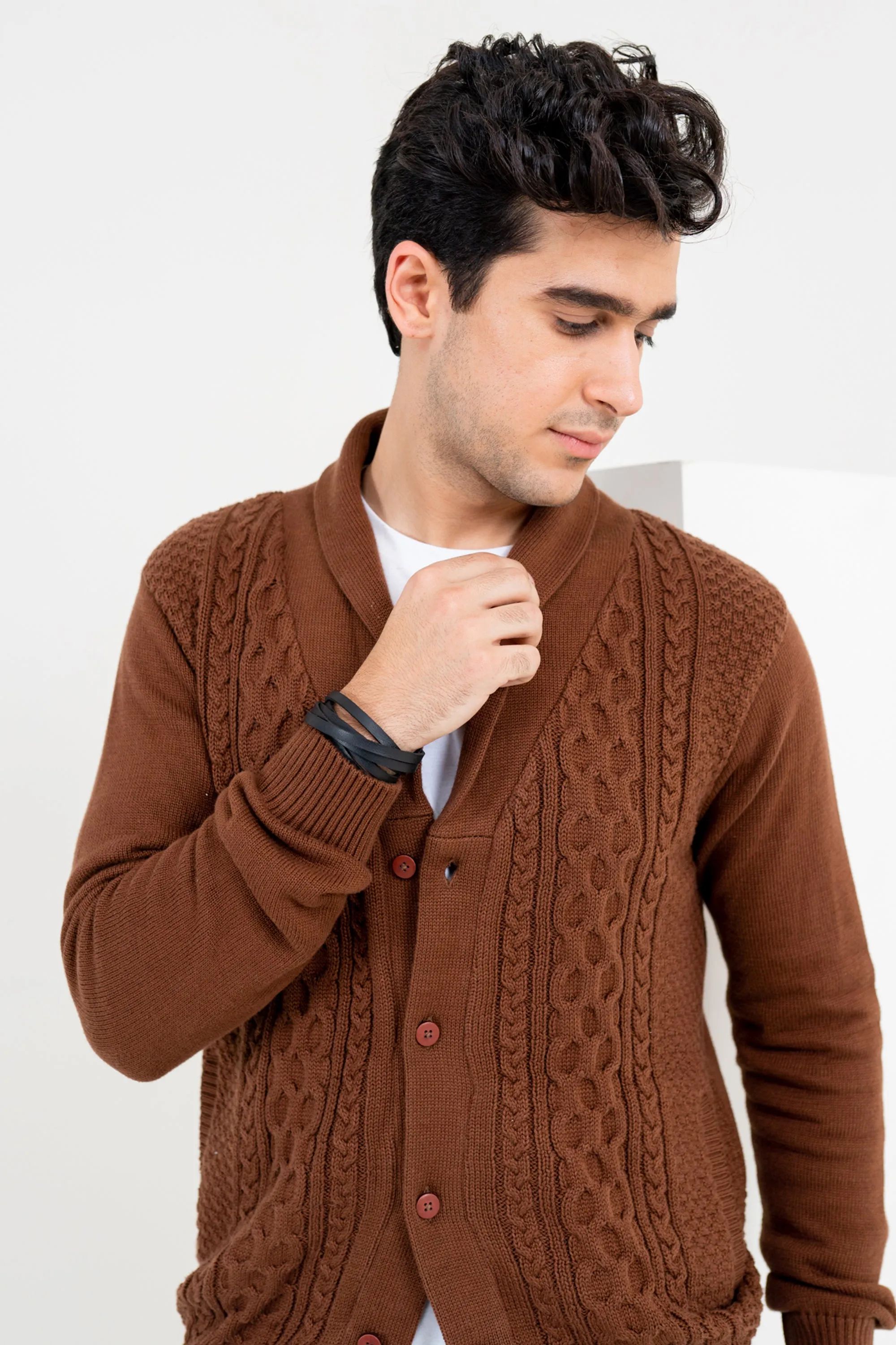 Brown Cable Knit Cardigan