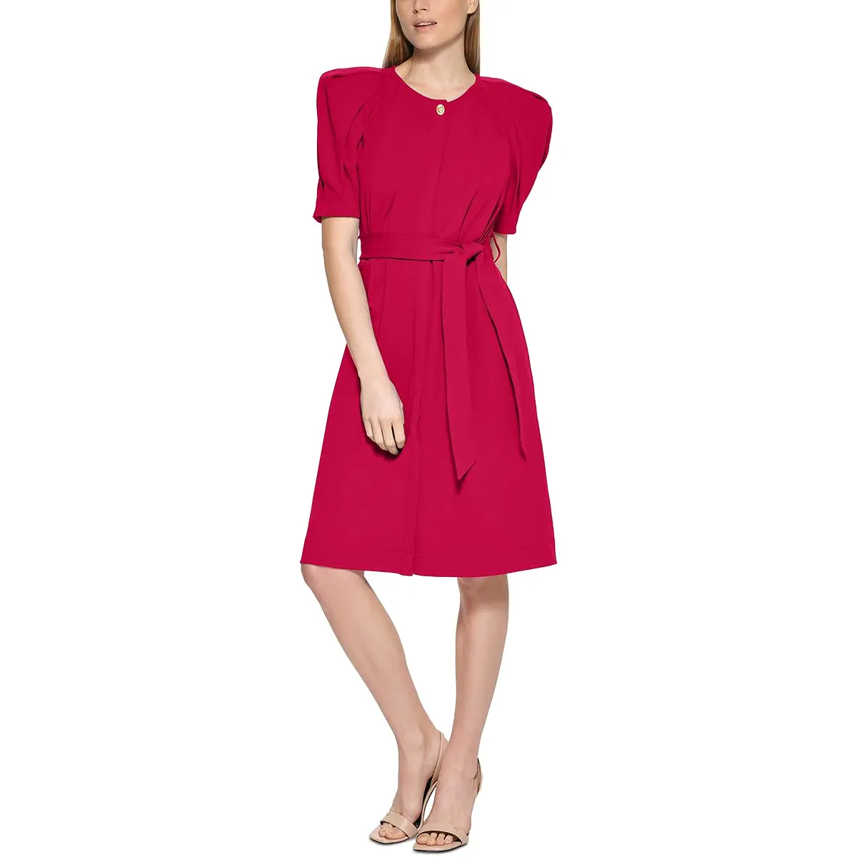 Calvin Klein Womens Knit Puff Sleeves Fit & Flare Dress