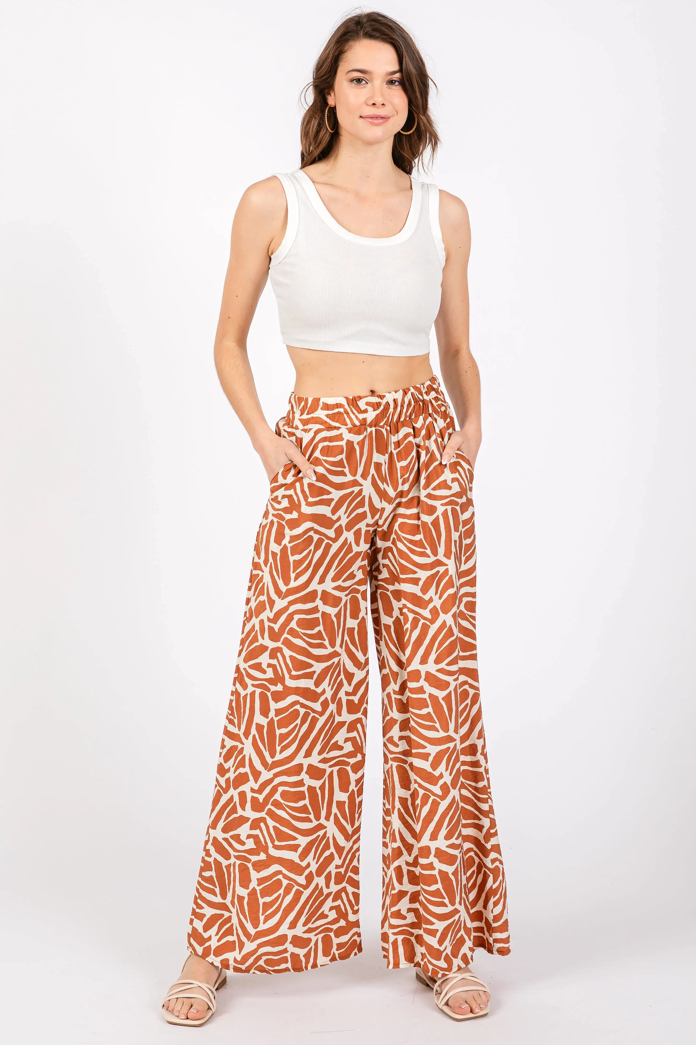 Camel Smocked Wide Leg Pants