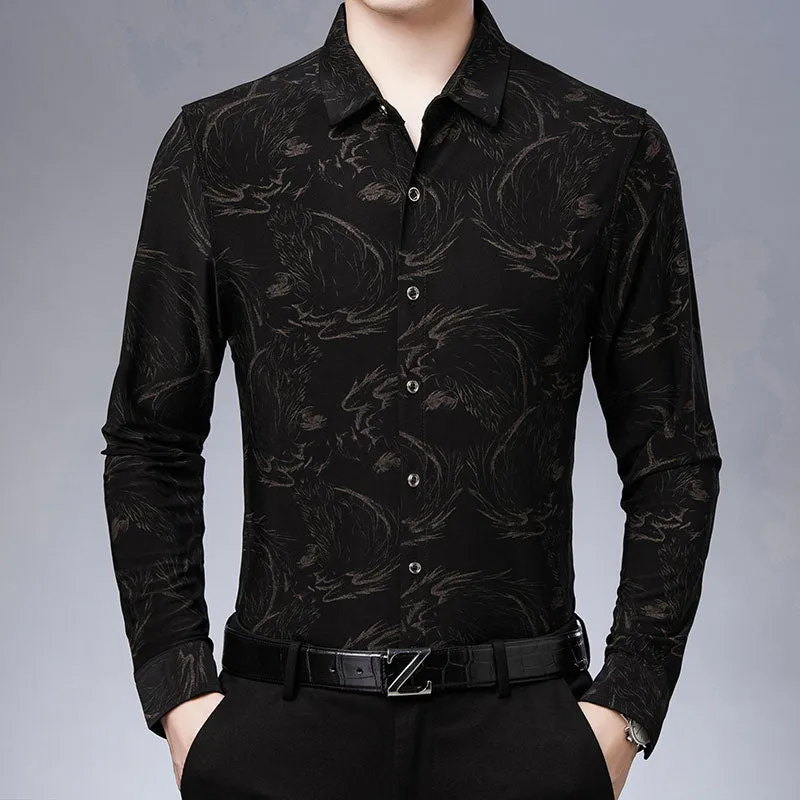 Casual Korean Fashion Luxury Paisley Pattern Long Sleeve Shirt for Men