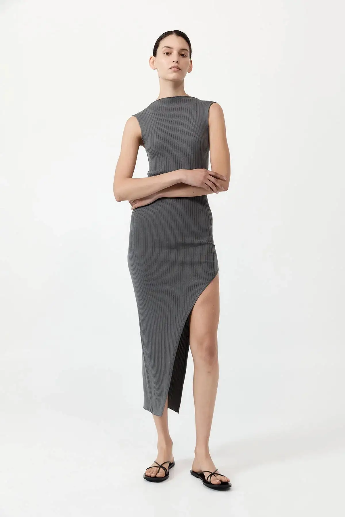 Cut Away Knit Dress - Stone Grey