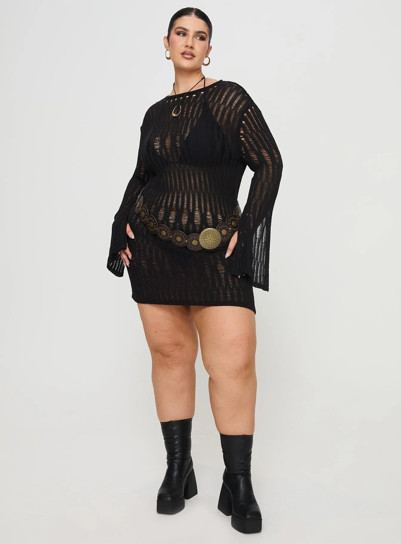 Cylian Long Sleeve Knit Mini Dress Black Curve