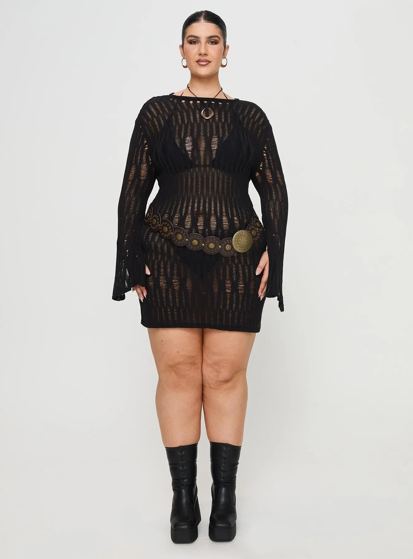 Cylian Long Sleeve Knit Mini Dress Black Curve