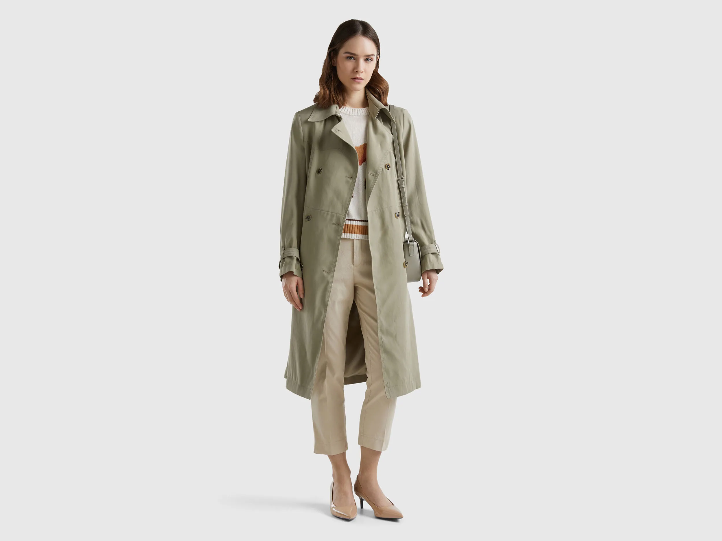 Double-breasted midi trench coat - Light Green | Benetton