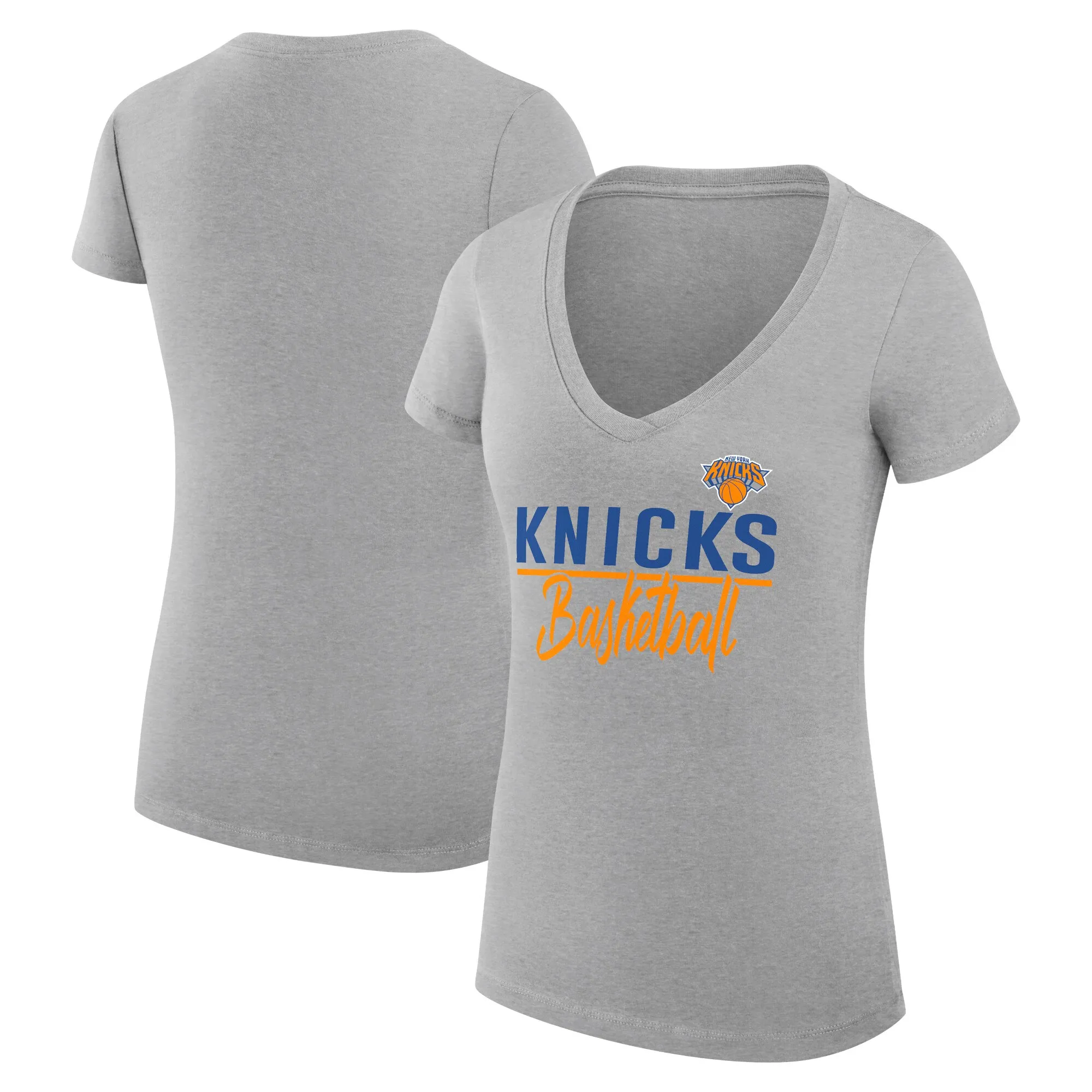 G-III 4Her by Carl Banks New York Knicks Women's Heather Gray Team Sport Fitted V-Neck T-Shirt