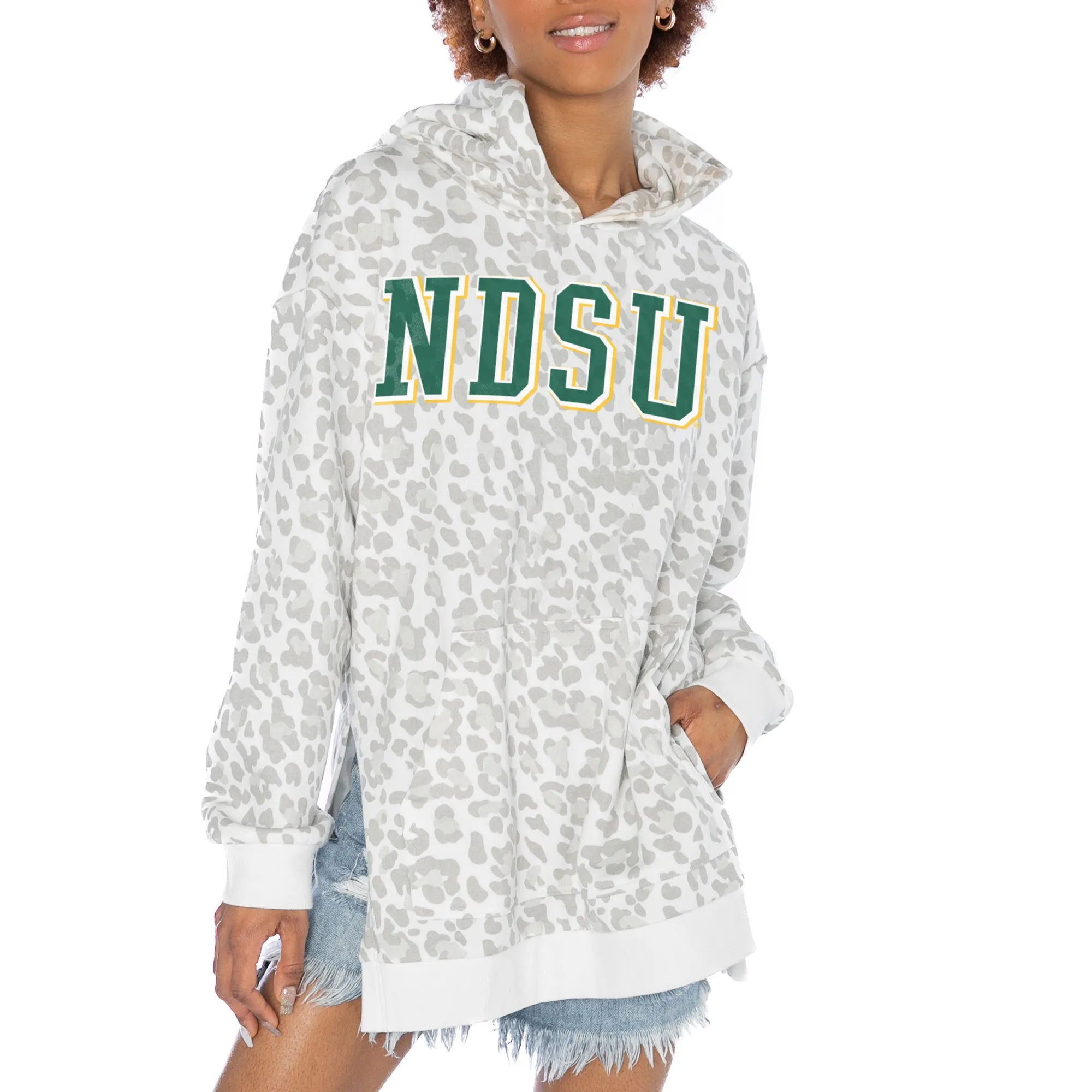 Gameday Couture NDSU Bison Women's White Home Team Advantage Leopard Print Oversized Side-Slit Pullover Hoodie