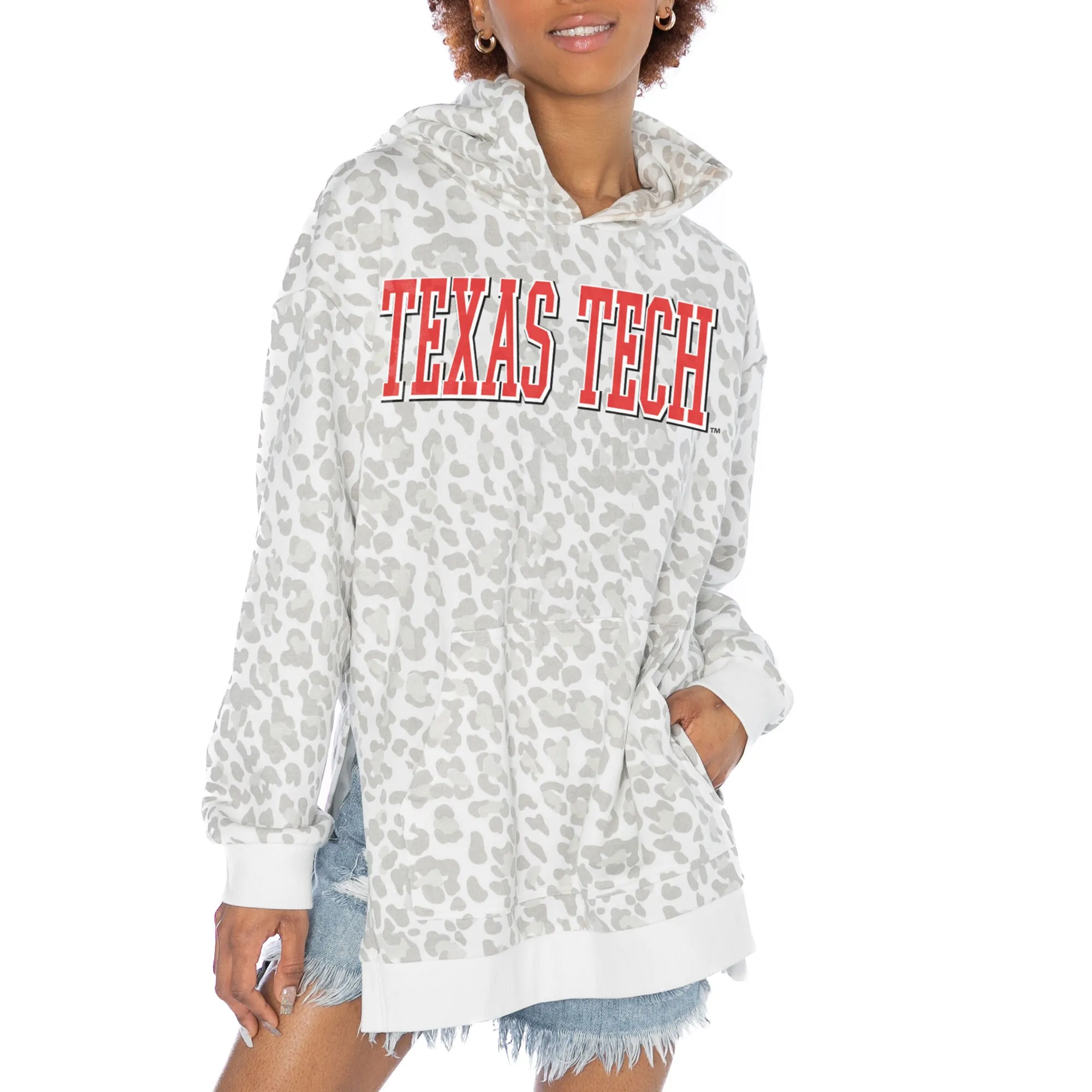 Gameday Couture Texas Tech Red Raiders Women's White Home Team Advantage Leopard Print Oversized Side-Slit Pullover Hoodie