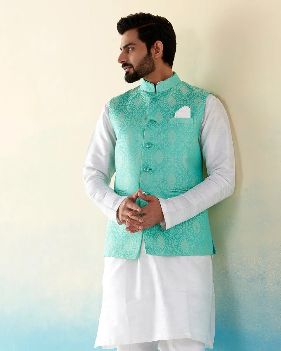 Handloom Powder Blue Pure Katan Silk Jamawar Nehru Jacket With Jaal