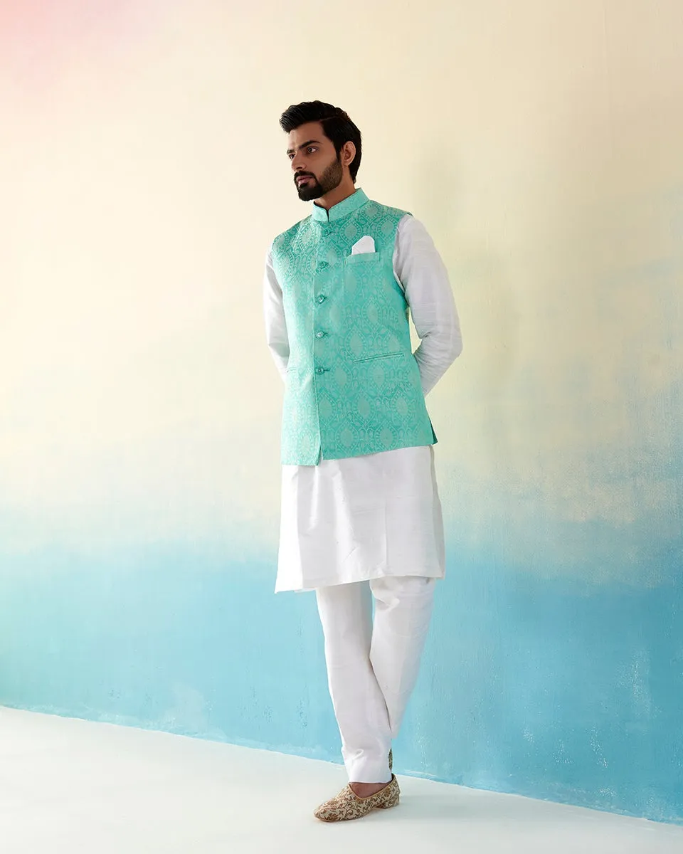 Handloom Powder Blue Pure Katan Silk Jamawar Nehru Jacket With Jaal