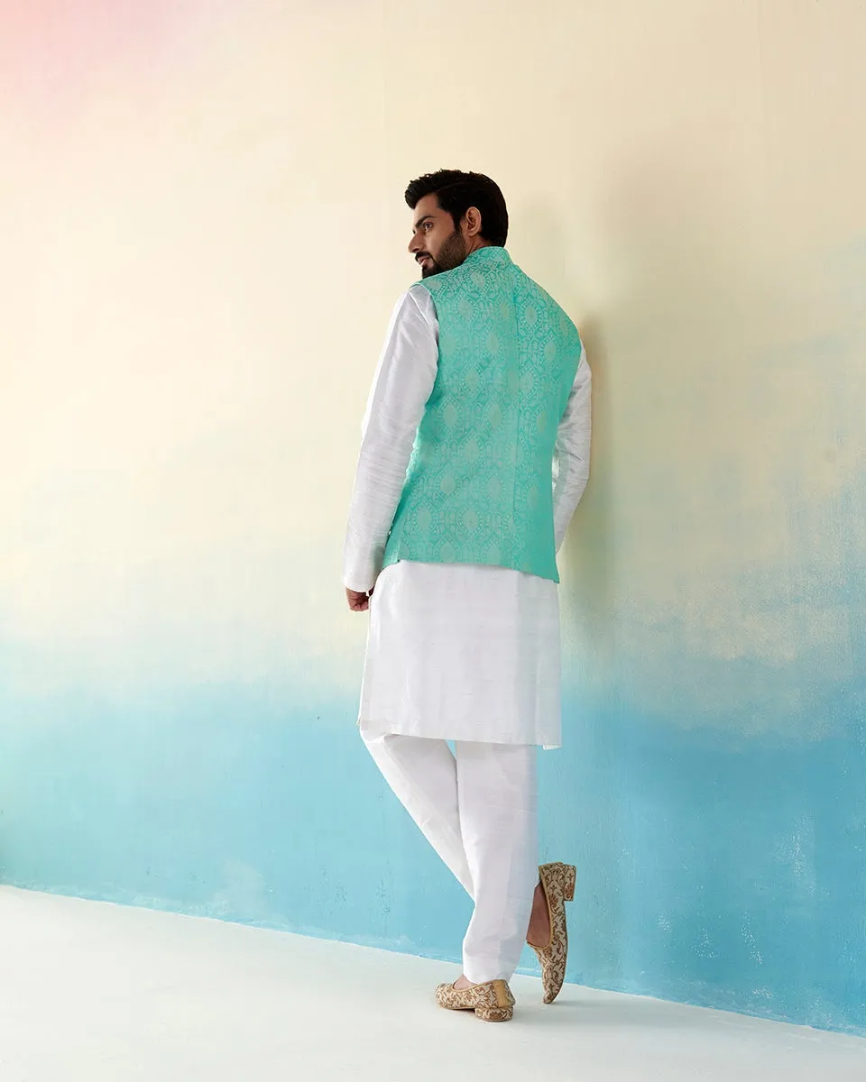 Handloom Powder Blue Pure Katan Silk Jamawar Nehru Jacket With Jaal