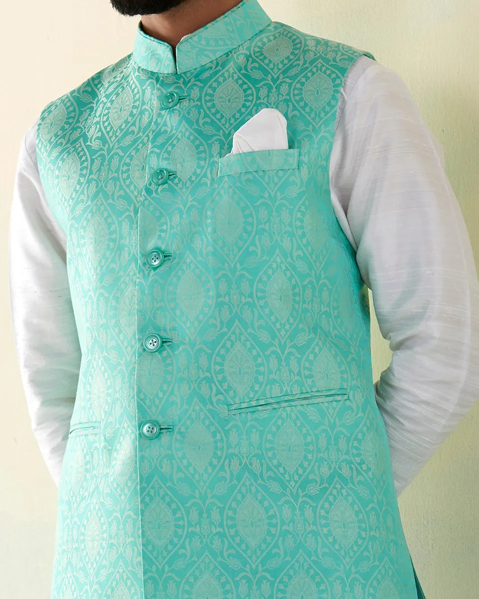 Handloom Powder Blue Pure Katan Silk Jamawar Nehru Jacket With Jaal