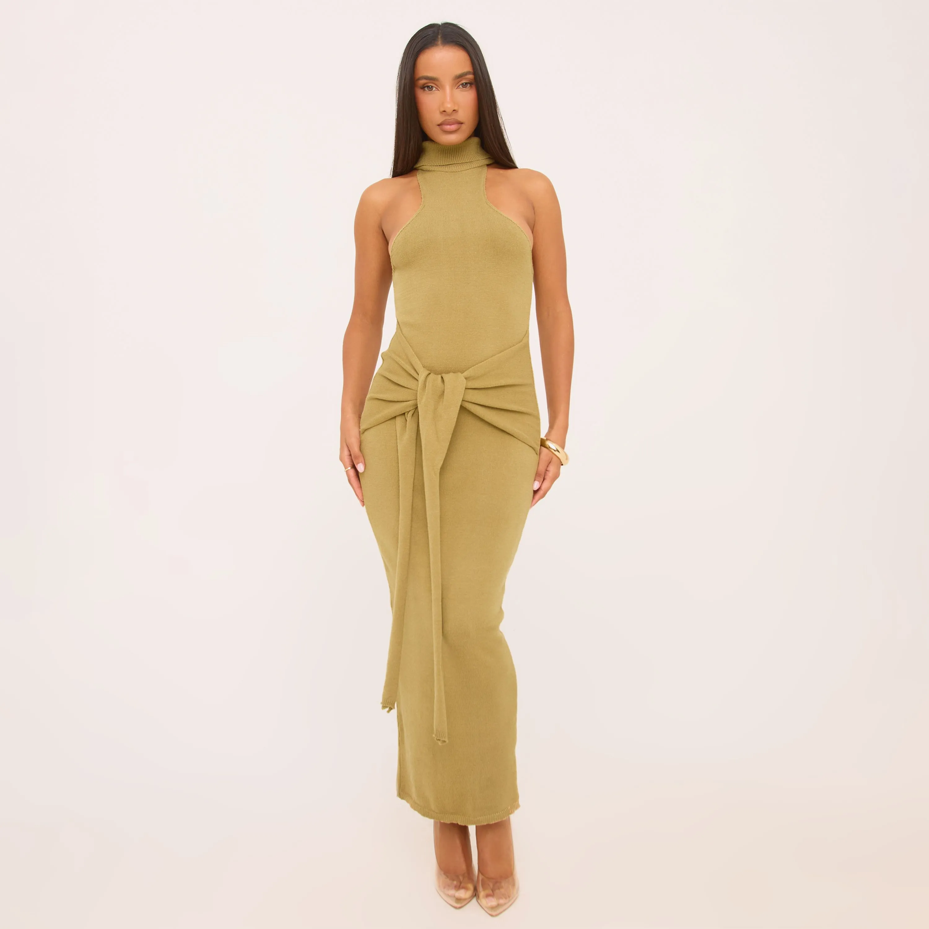 High Neck Tie Waist Sleeveless Maxi Dress In Olive Green Knit