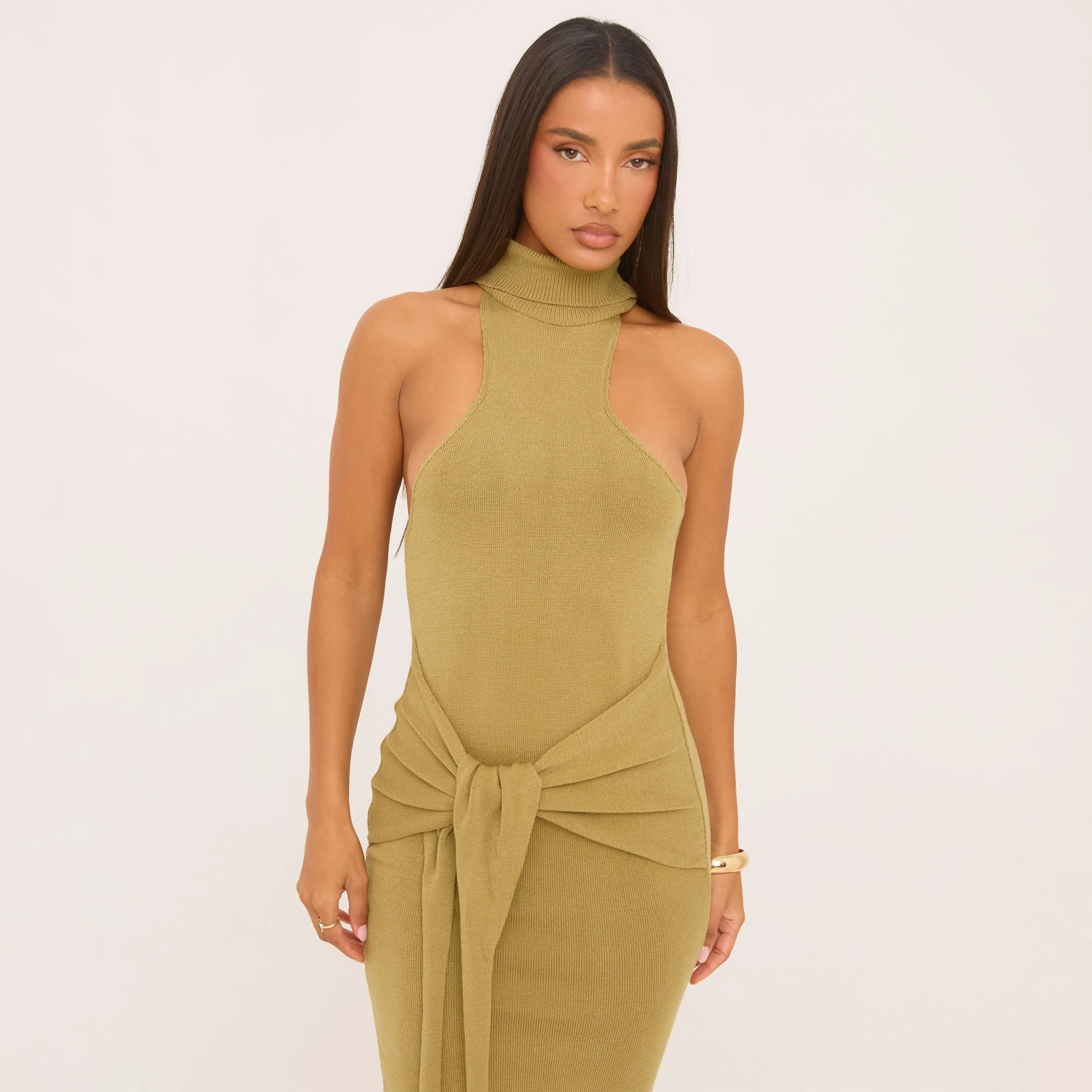 High Neck Tie Waist Sleeveless Maxi Dress In Olive Green Knit