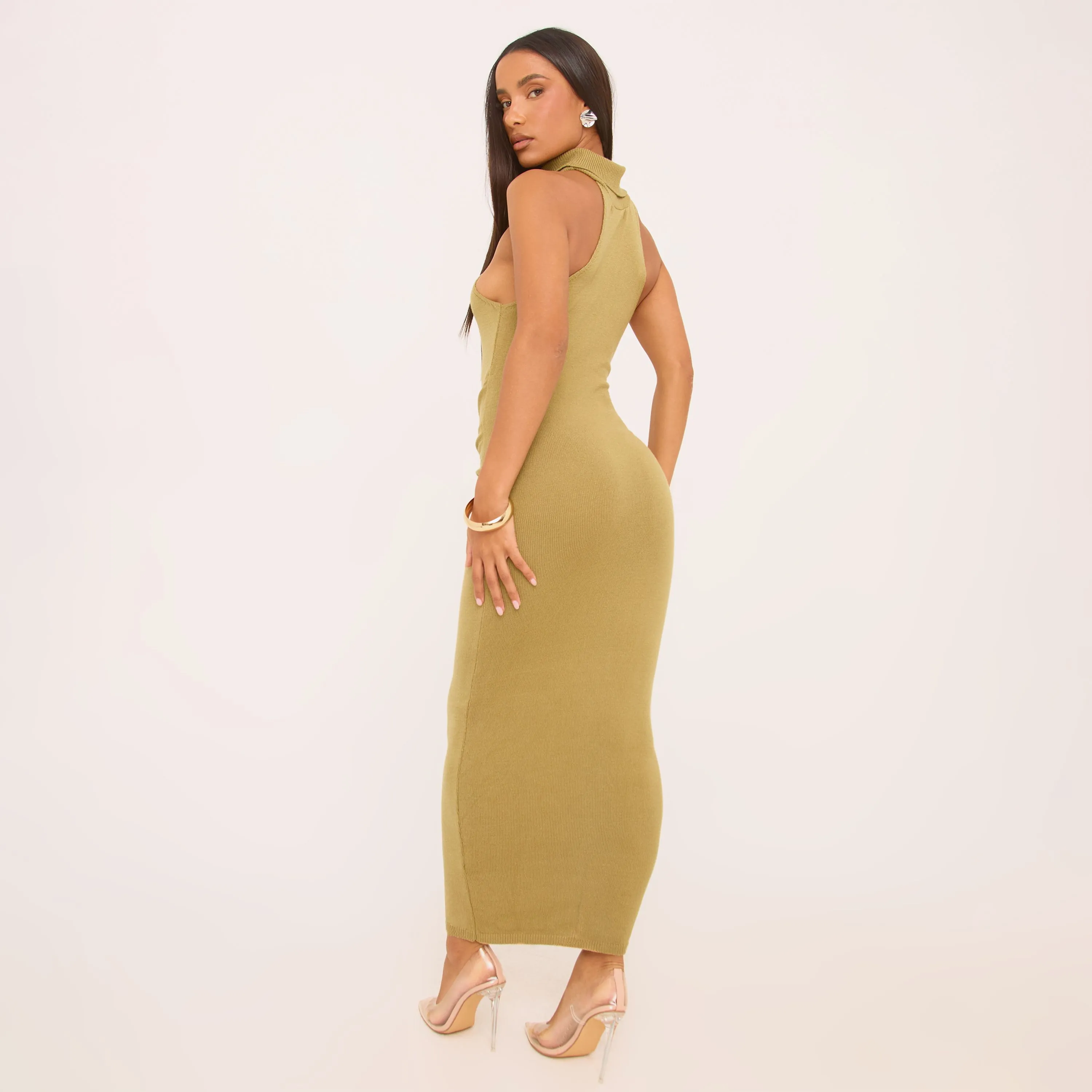 High Neck Tie Waist Sleeveless Maxi Dress In Olive Green Knit