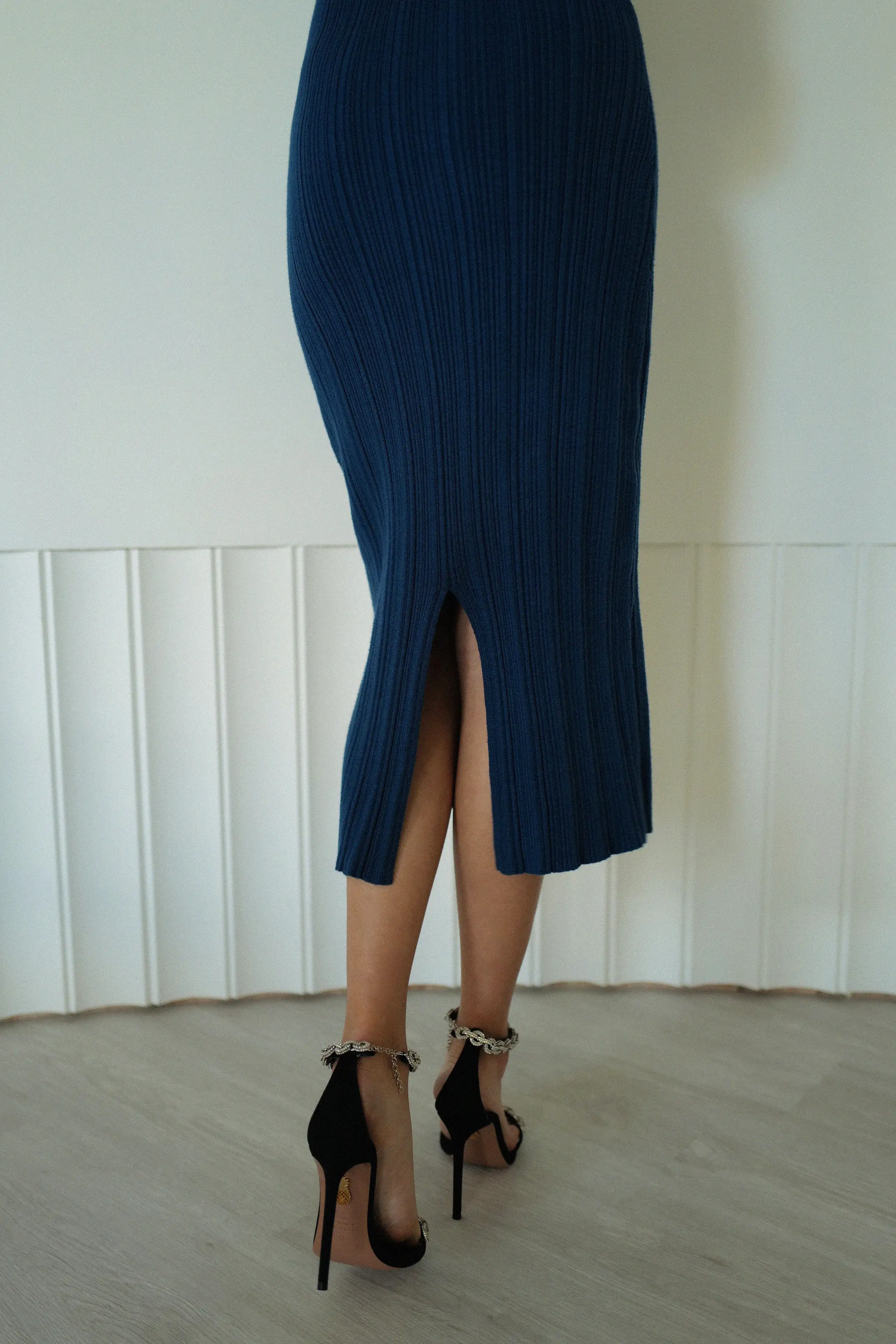 Highlight off shoulder knit dress in blue