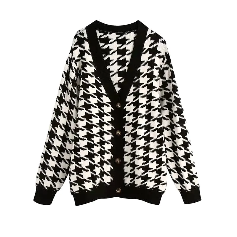 Houndstooth Pattern Knit Long Cardigan