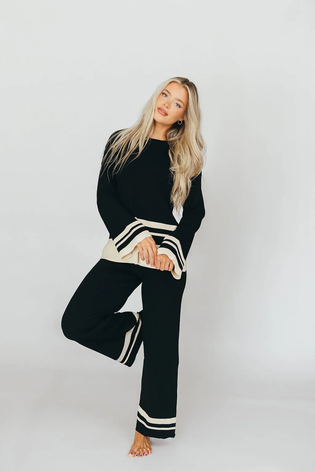 Joey Knit Long Sleeve Top and Pants Set in Black/Cream Stripe