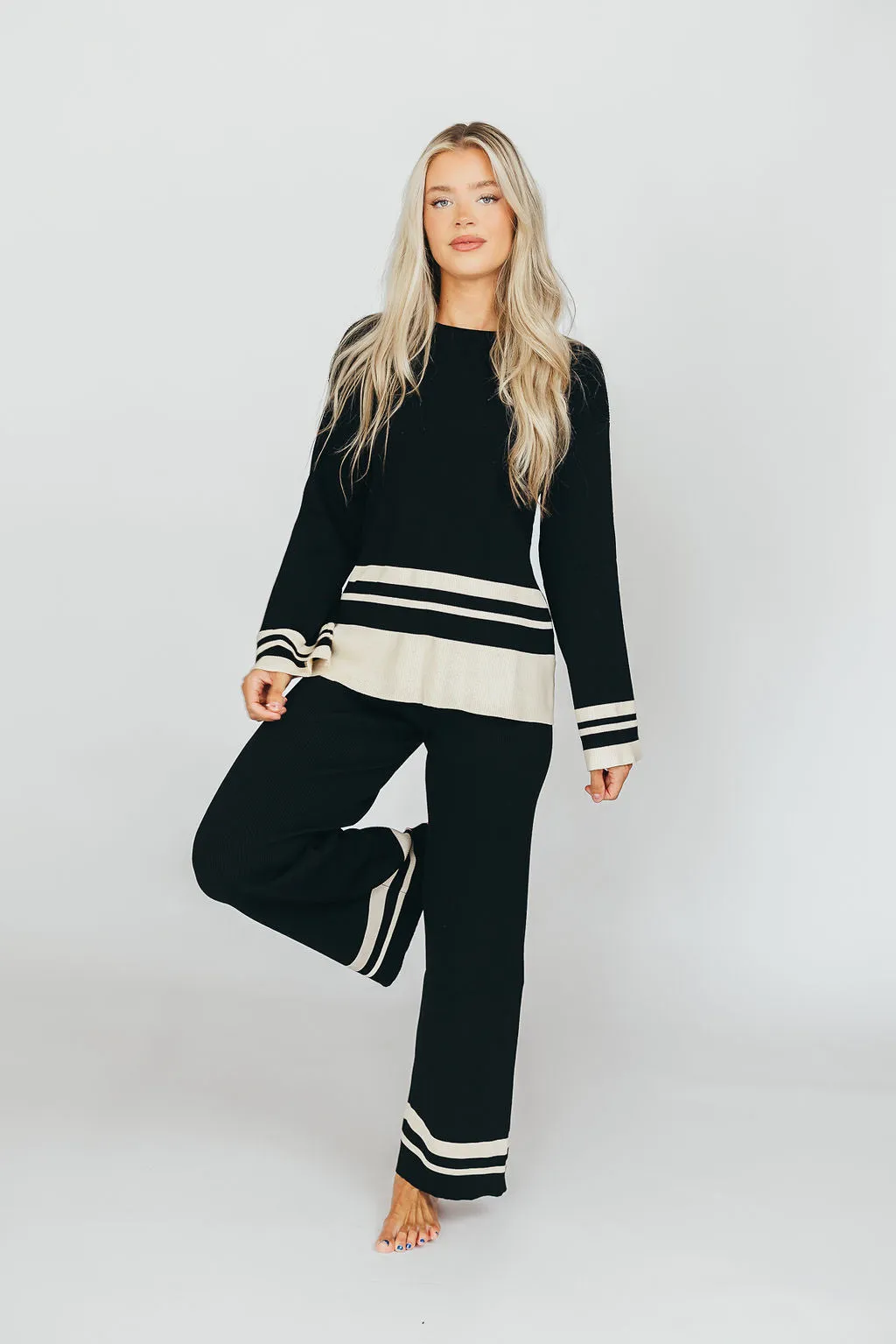 Joey Knit Long Sleeve Top and Pants Set in Black/Cream Stripe