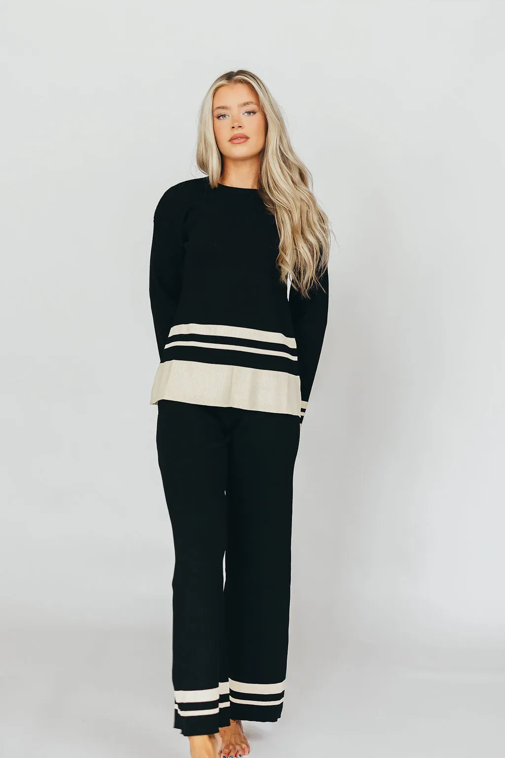 Joey Knit Long Sleeve Top and Pants Set in Black/Cream Stripe