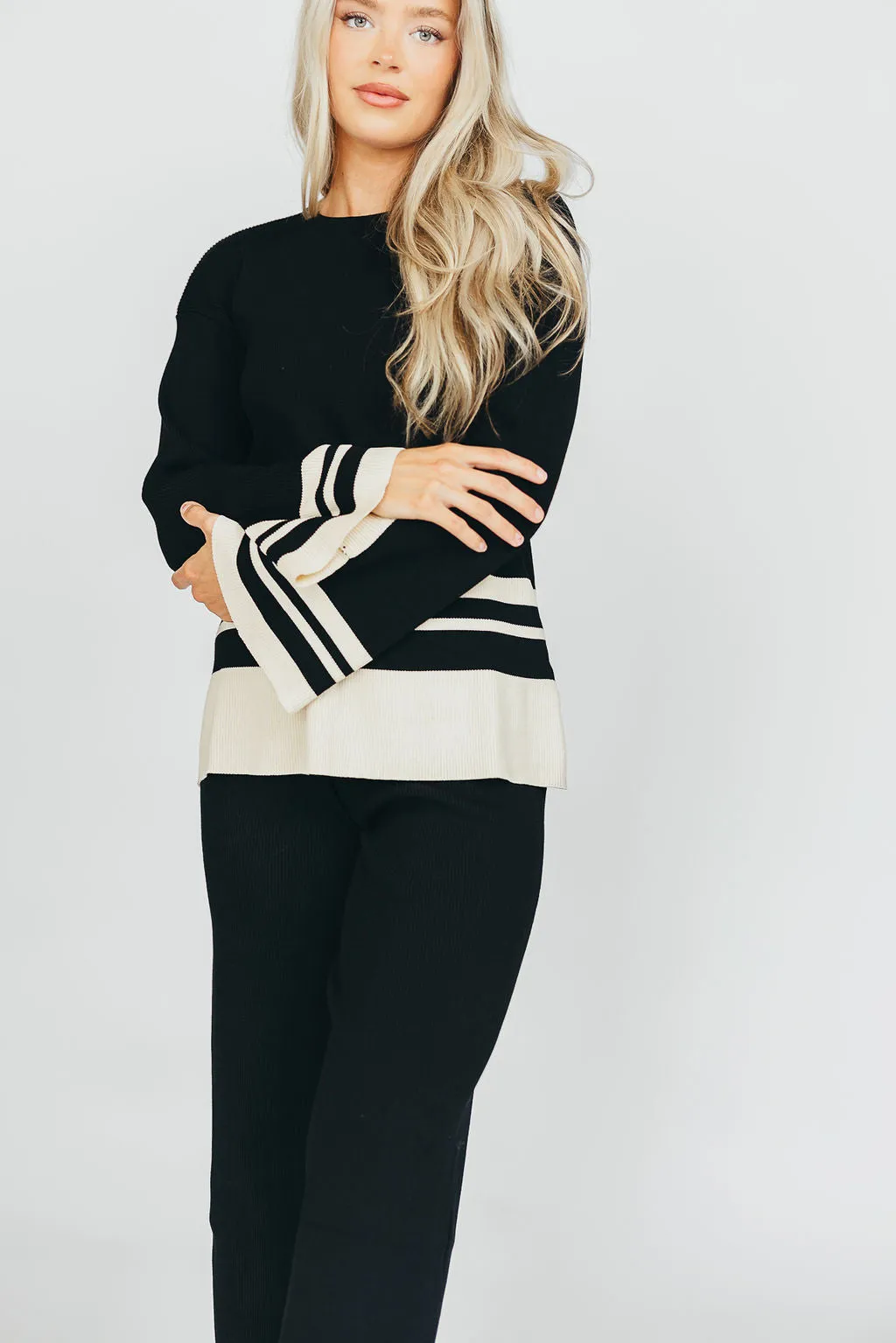 Joey Knit Long Sleeve Top and Pants Set in Black/Cream Stripe