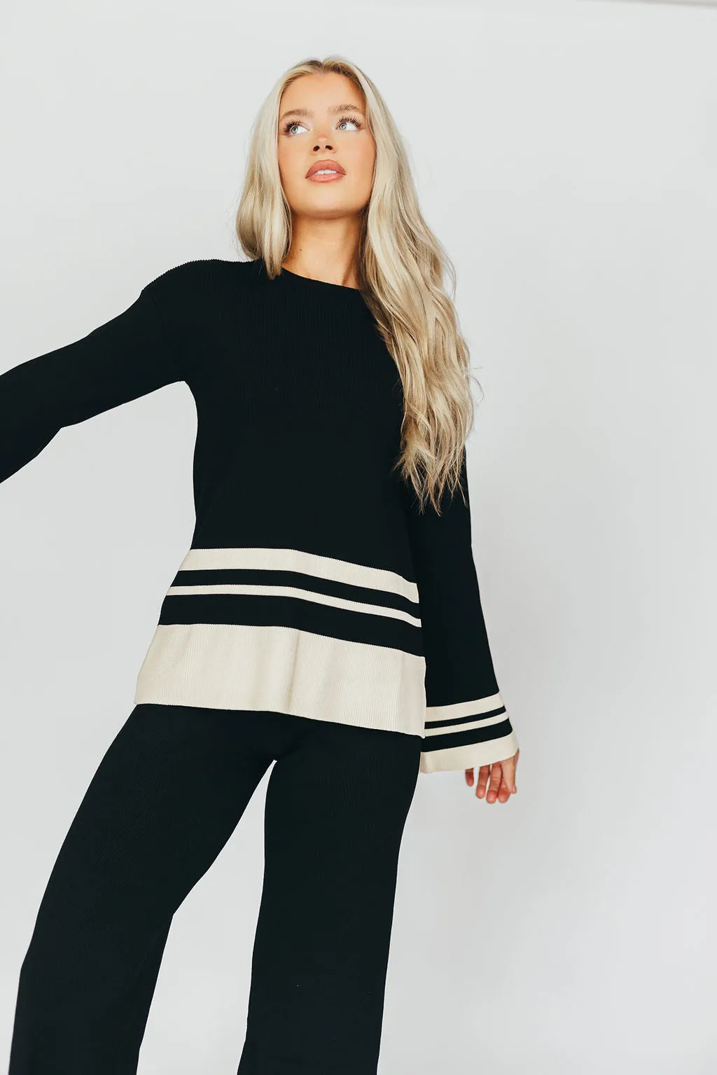 Joey Knit Long Sleeve Top and Pants Set in Black/Cream Stripe