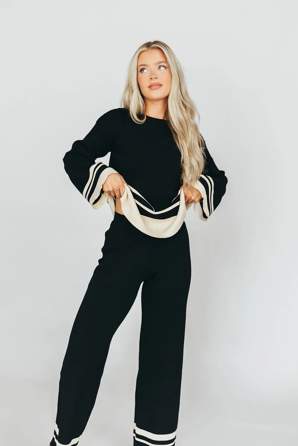 Joey Knit Long Sleeve Top and Pants Set in Black/Cream Stripe