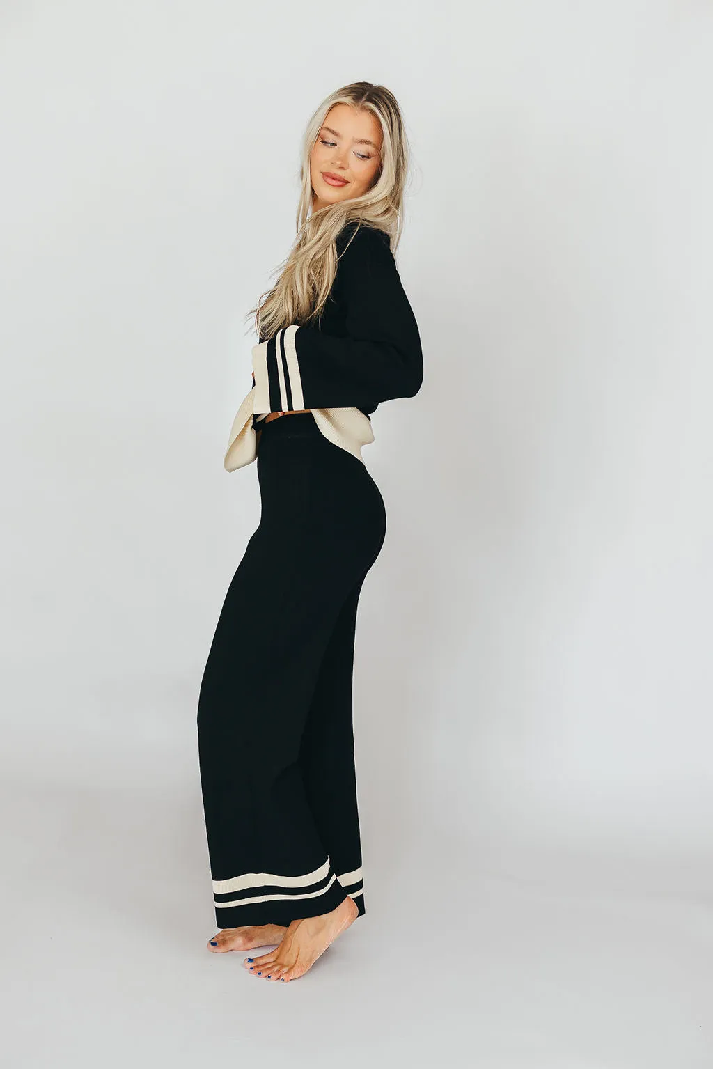 Joey Knit Long Sleeve Top and Pants Set in Black/Cream Stripe