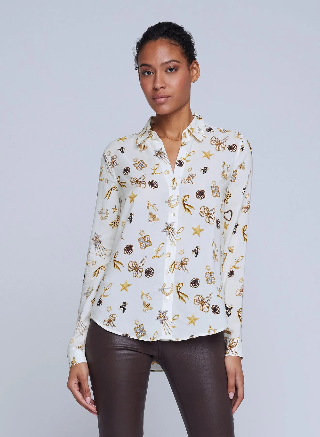 L’agence - Holly Blouse - Ecru Multi Brooch Print