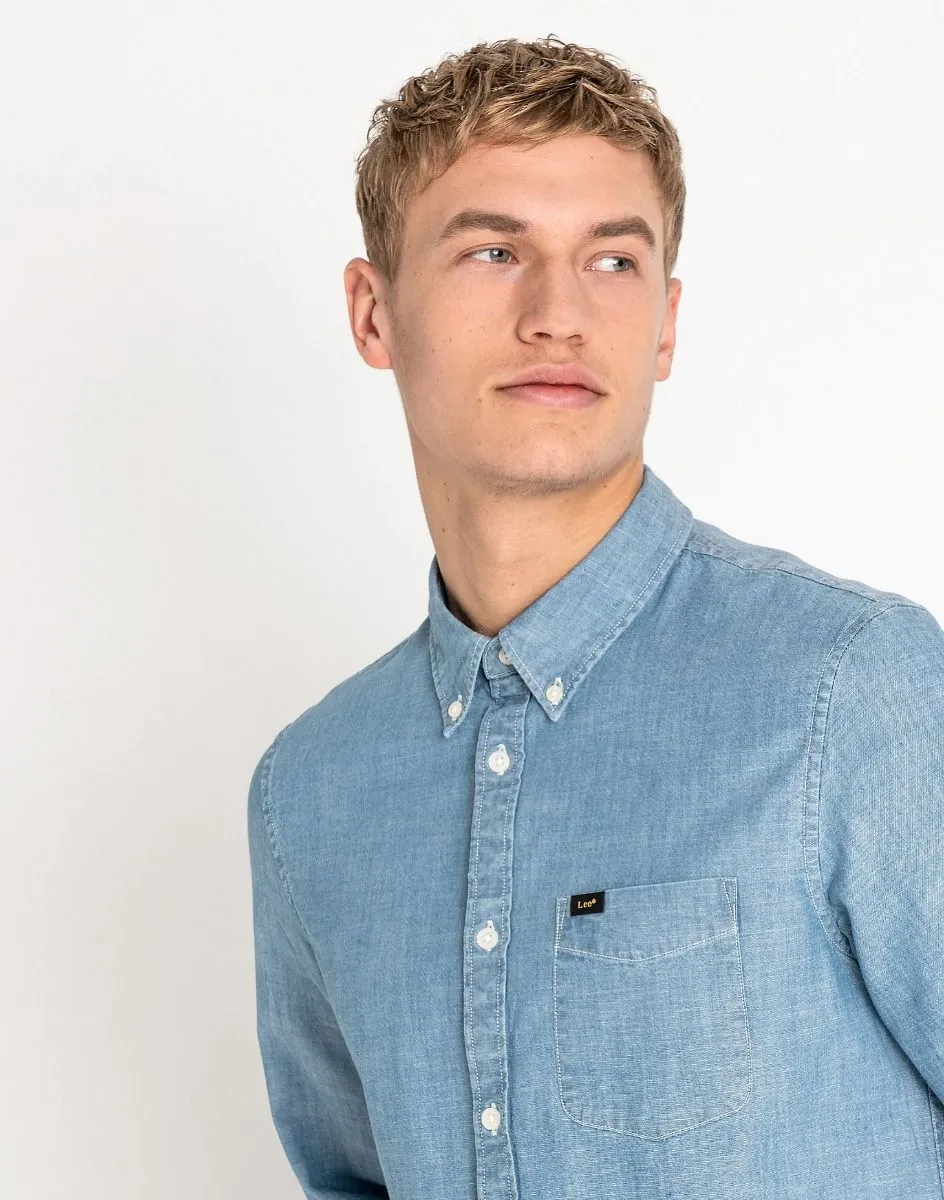 Lee Long Sleeve Button Down Plain Shirt Blue Print