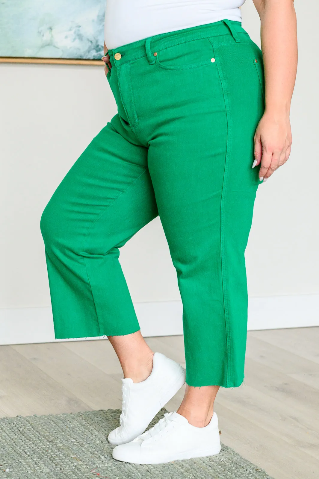 Lisa High Rise Control Top Wide Leg Crop Jeans in Kelly Green by Judy Blue