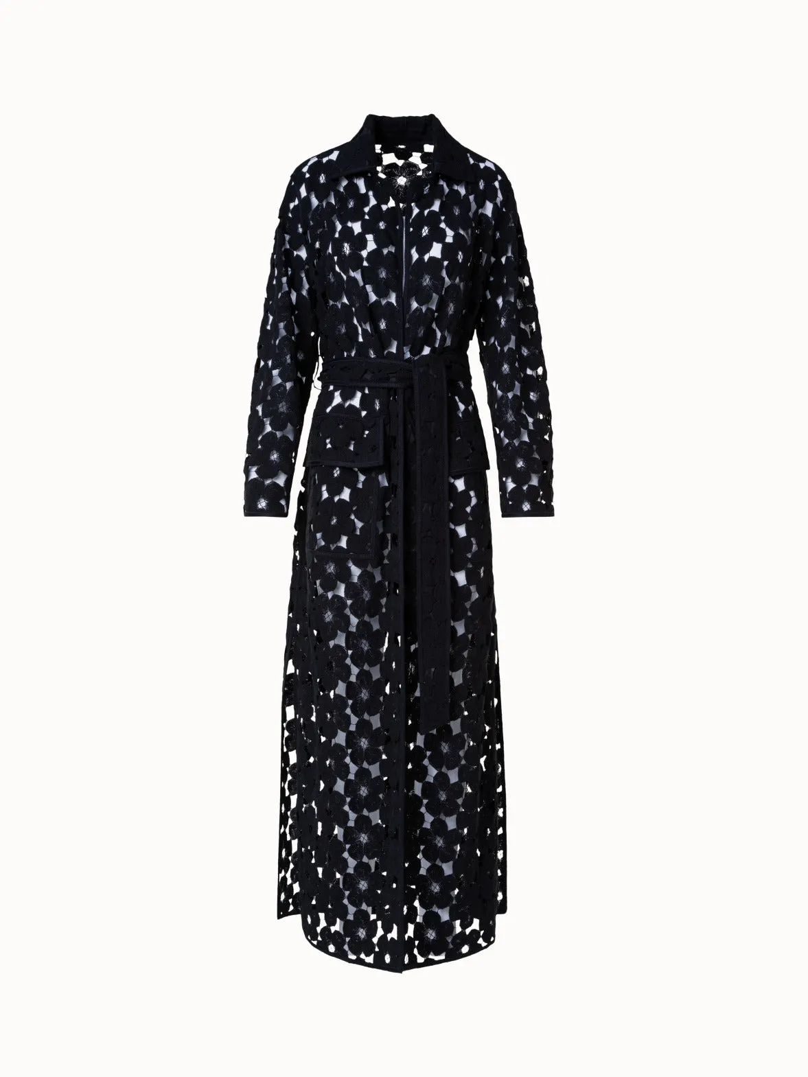 Maxi Coat with Allover Anemone Embroidery