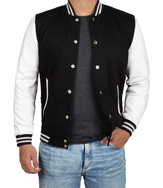 Men's Black and White Varsity Jacket - College Baseball Style