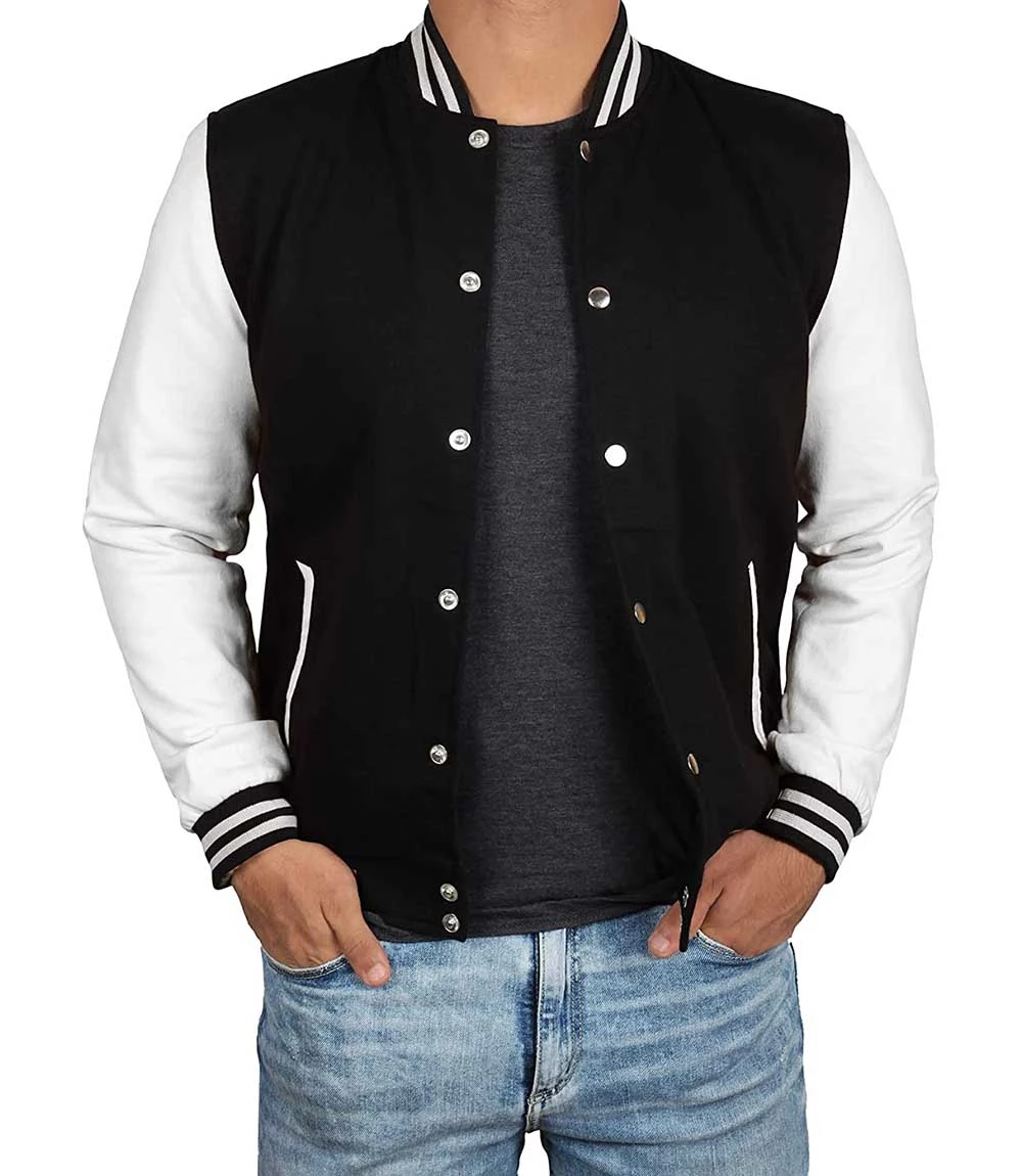 Men's Black and White Varsity Jacket - College Baseball Style