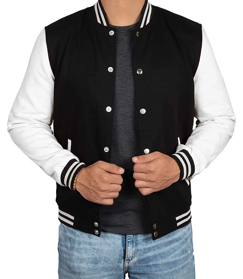 Men's Black and White Varsity Jacket - College Baseball Style