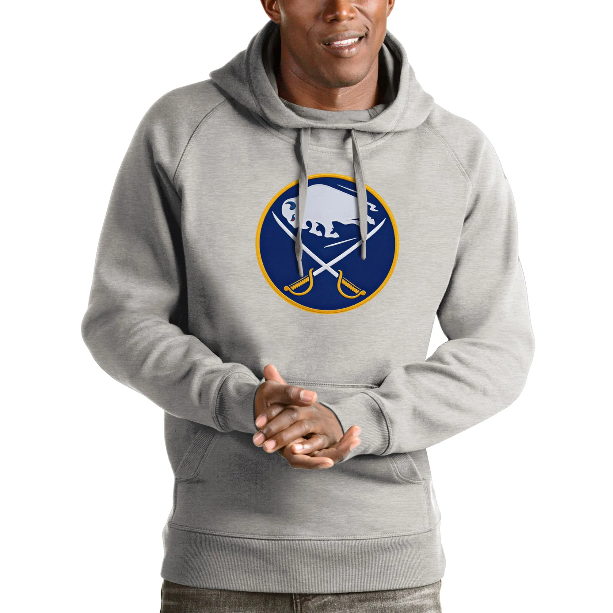 Men's Buffalo Sabres Antigua Heathered Gray Logo Victory Pullover Hoodie