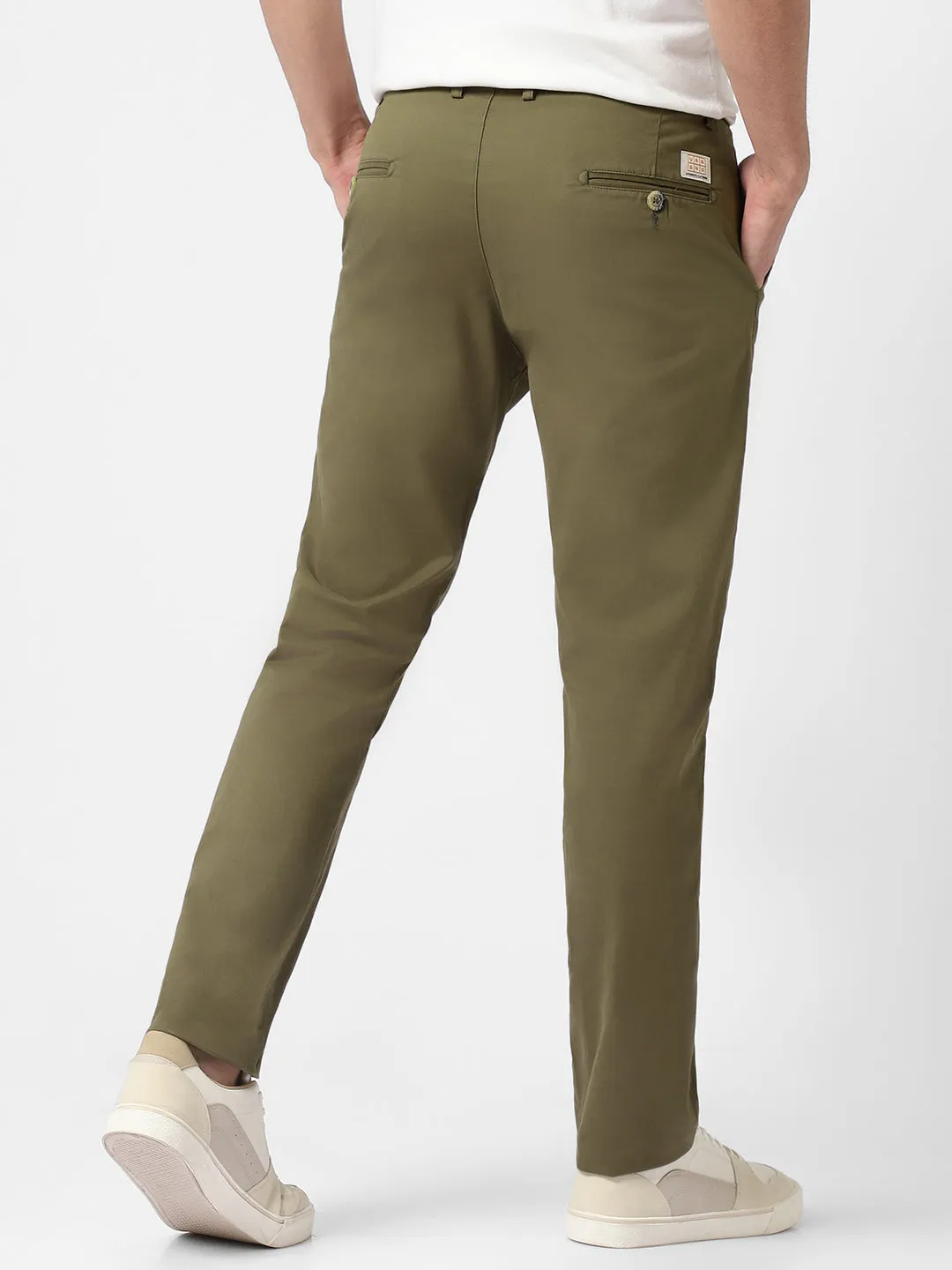 Men's Olive Green Cotton Slim Fit Casual Chinos Trousers Stretch