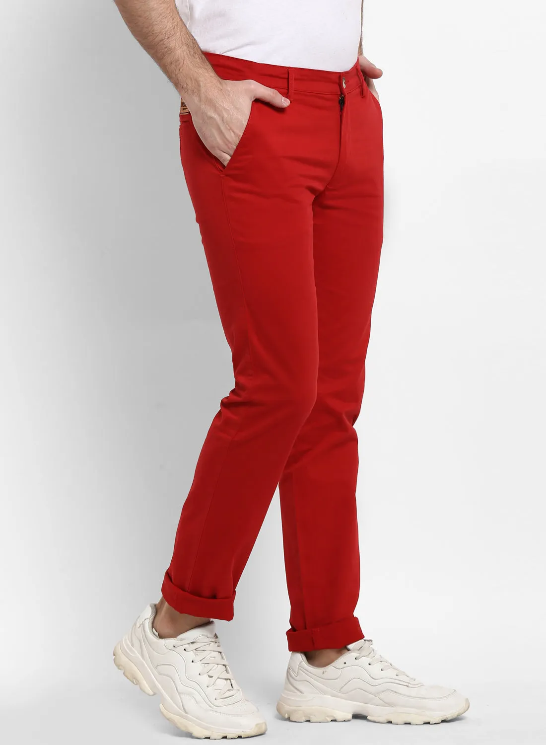 Men's Red Cotton Slim Fit Casual Chinos Trousers Stretch