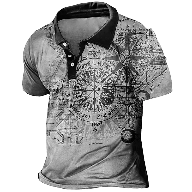 Men's Vintage Compass Graphic Printed Button-down Golf Shirt