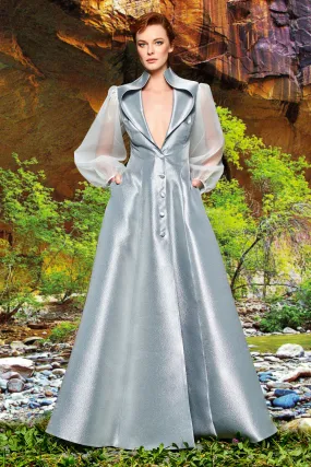 Organza Sleeve Metallic Crinkle Jacquard Long Jacket Dress