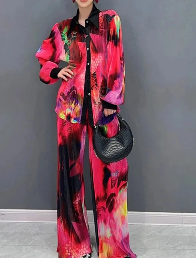 Pant Set Printed Long Sleeved Shirt Wide Leg Pants 2 Piece Set 2024 Spring Fashion Loose Women Clothes