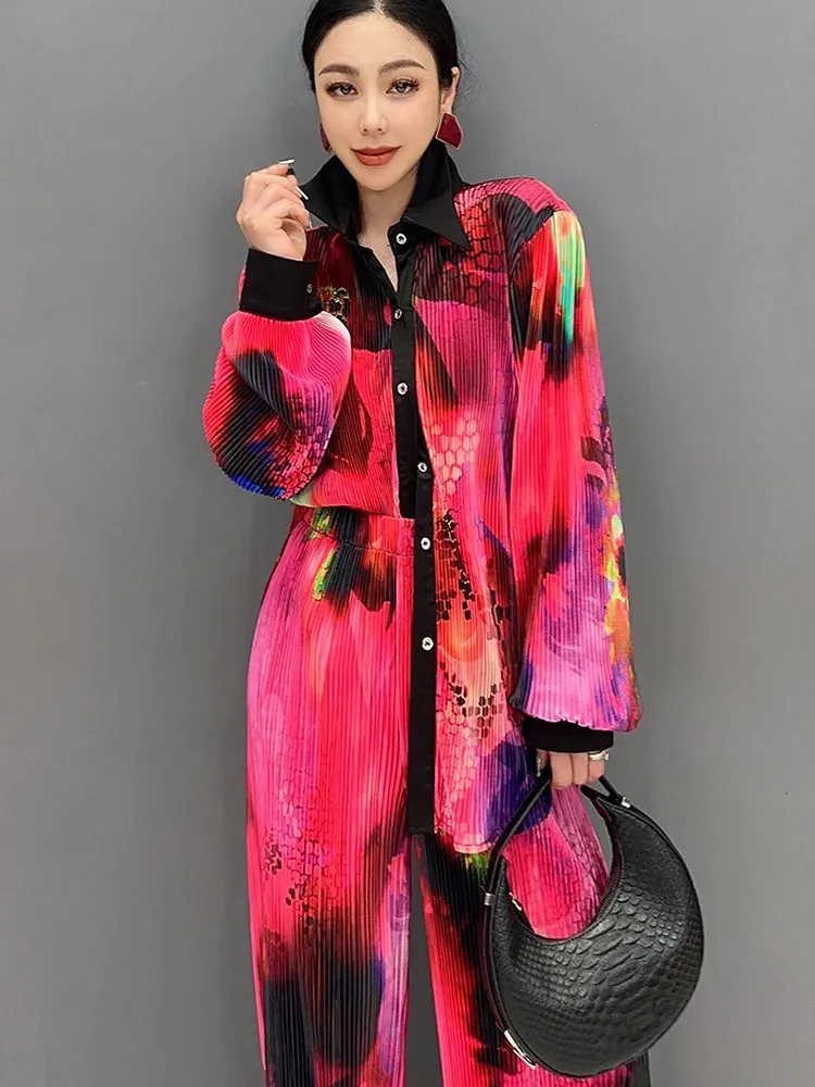 Pant Set Printed Long Sleeved Shirt Wide Leg Pants 2 Piece Set 2024 Spring Fashion Loose Women Clothes